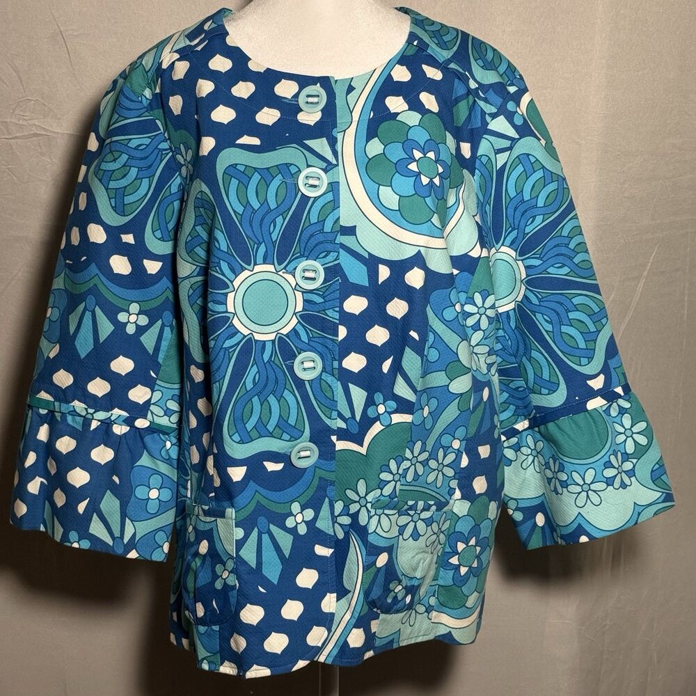 Multiples 1X Blue Floral Button Front Jacket Plus Size Lightweight Casual Artsy